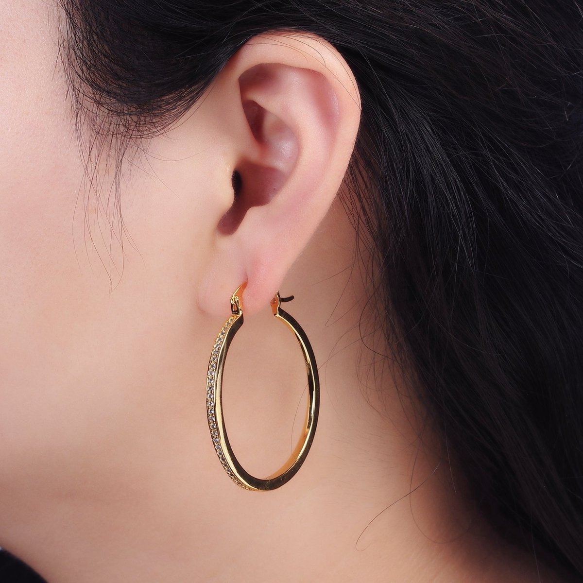 14K Gold plated 30mm, 40mm, 50mm Clear CZ Lined Latch Hoop Earrings in Gold & Silver | AE145 - AE150