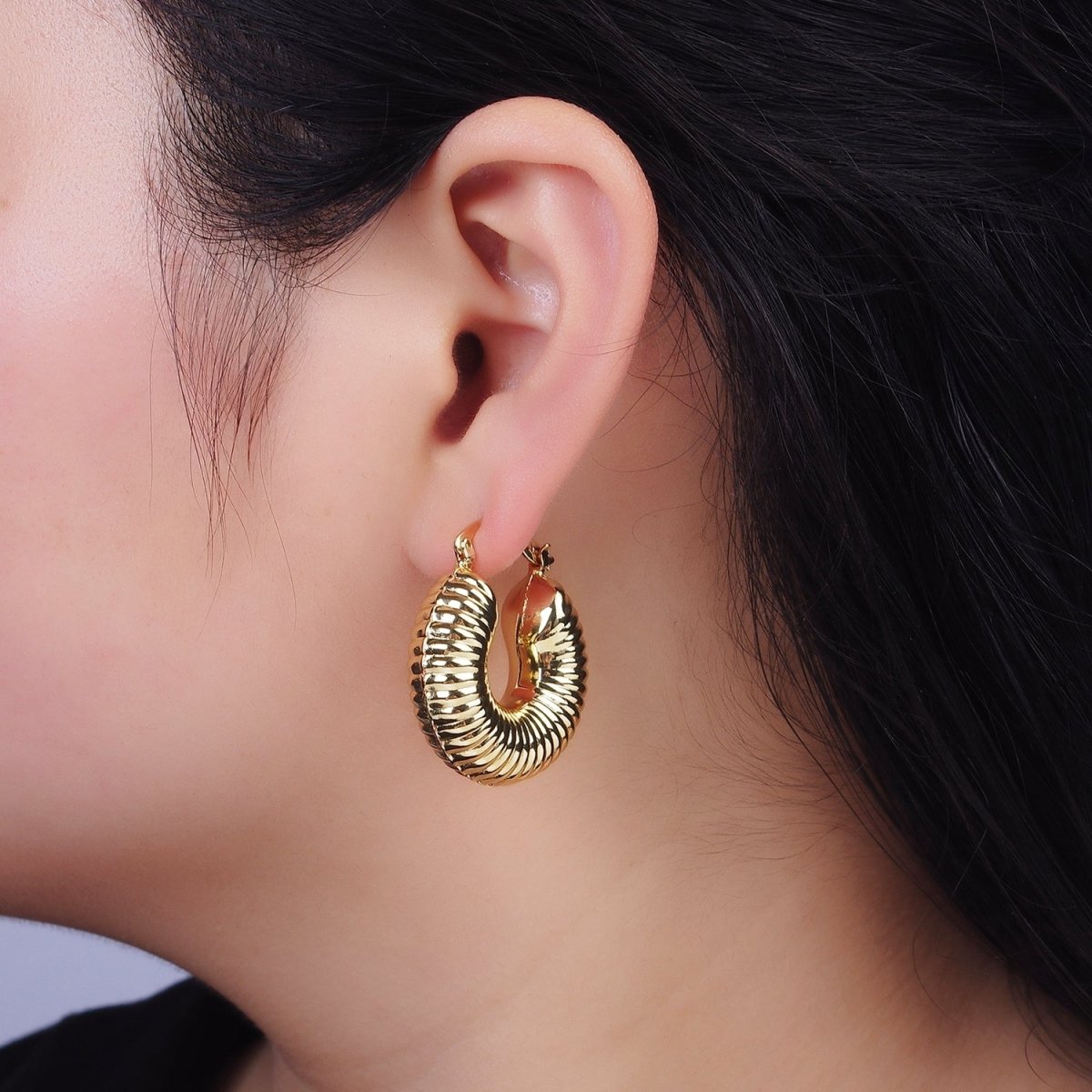 14K Gold plated 30mm Chubby Croissant French Lock Latch Earrings in Gold & Silver | AE092 AE093 - DLUXCA