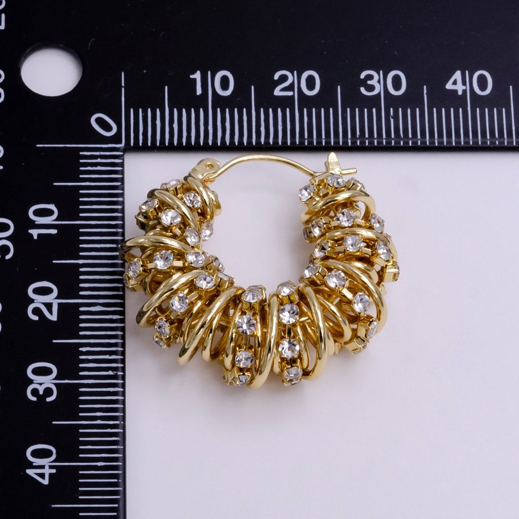 14K Gold plated 30mm Clear CZ Multiple Spiral Band Latch Earrings in Gold & Silver | AE554 AE555 - DLUXCA