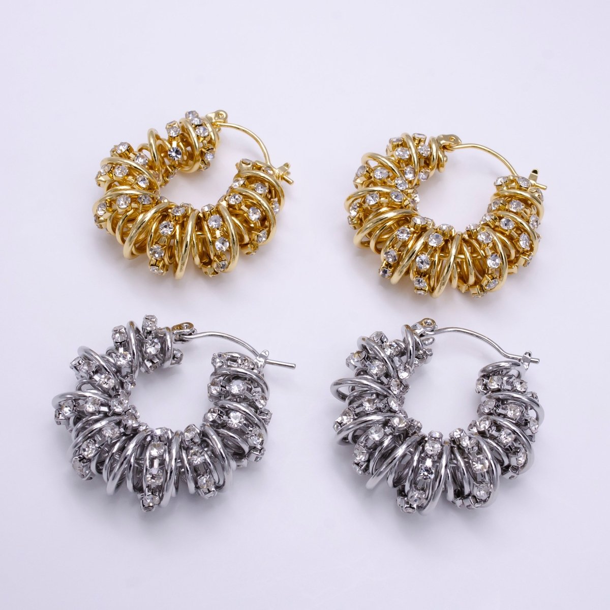 14K Gold plated 30mm Clear CZ Multiple Spiral Band Latch Earrings in Gold & Silver | AE554 AE555 - DLUXCA