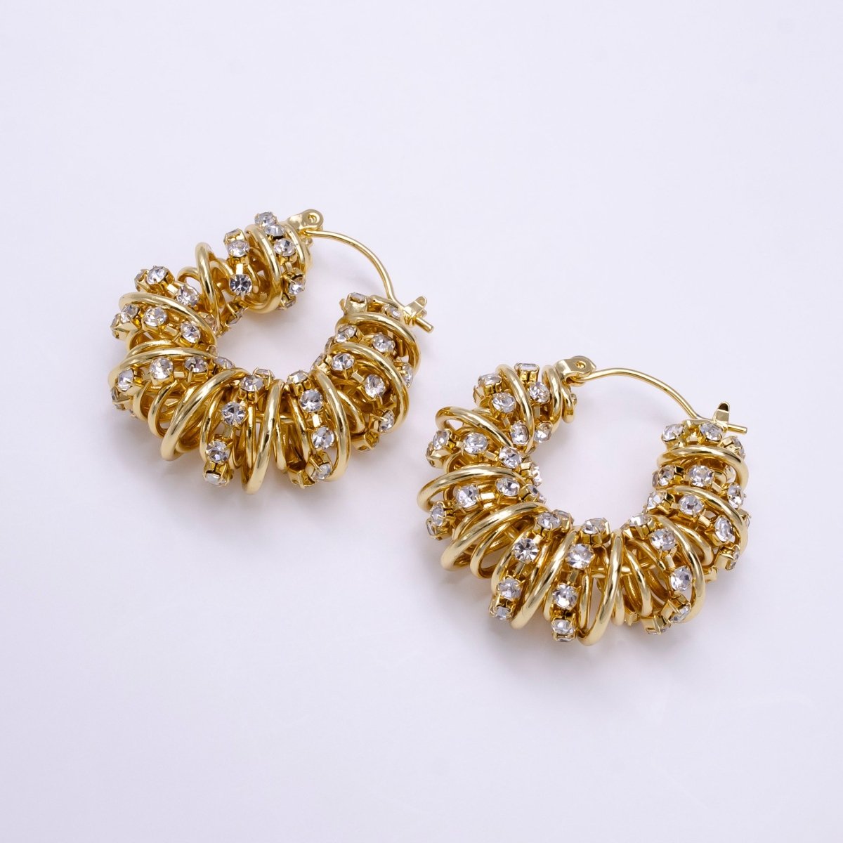 14K Gold plated 30mm Clear CZ Multiple Spiral Band Latch Earrings in Gold & Silver | AE554 AE555 - DLUXCA
