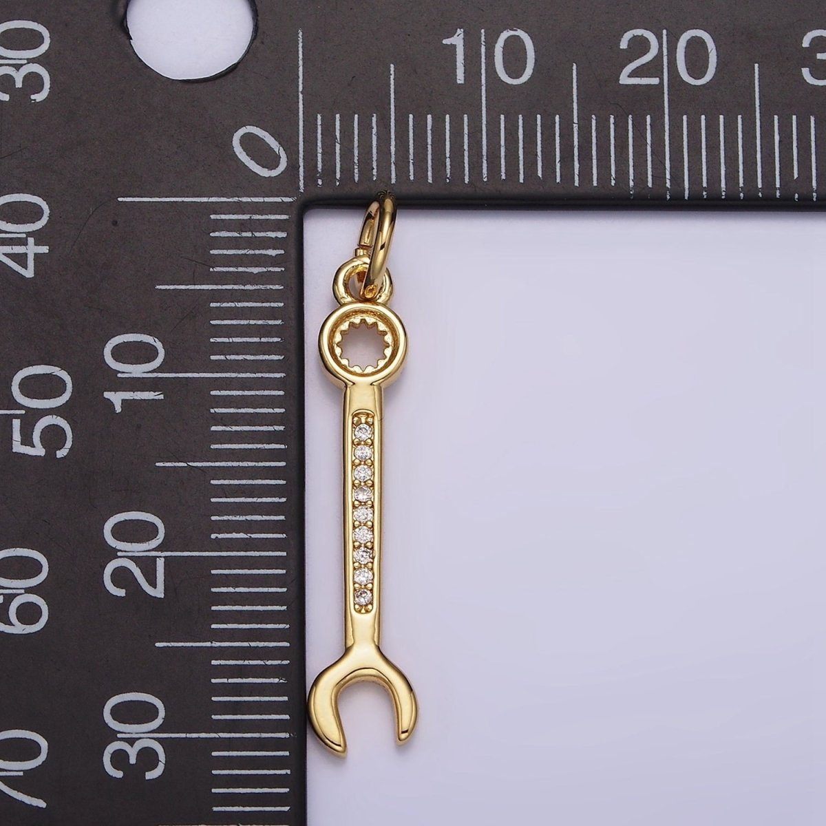 14K Gold plated 30mm Clear Micro Paved CZ Combination Wrench Construction Tool Charm | N1102 - DLUXCA