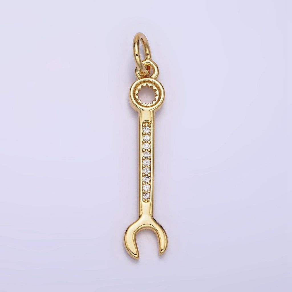 14K Gold plated 30mm Clear Micro Paved CZ Combination Wrench Construction Tool Charm | N1102 - DLUXCA