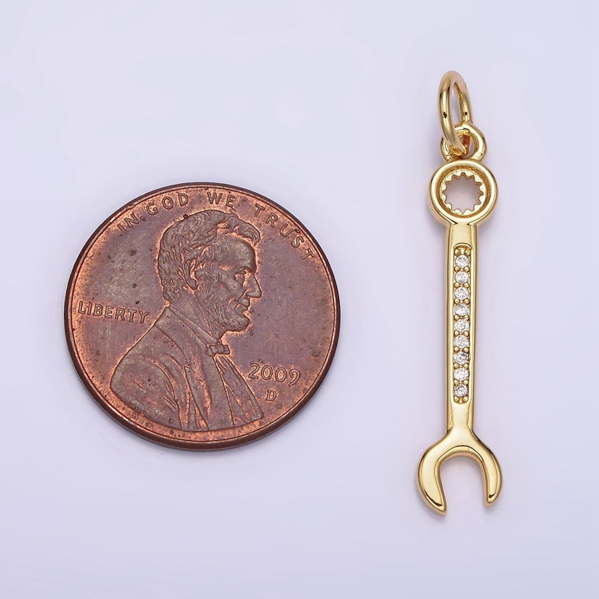 14K Gold plated 30mm Clear Micro Paved CZ Combination Wrench Construction Tool Charm | N1102 - DLUXCA