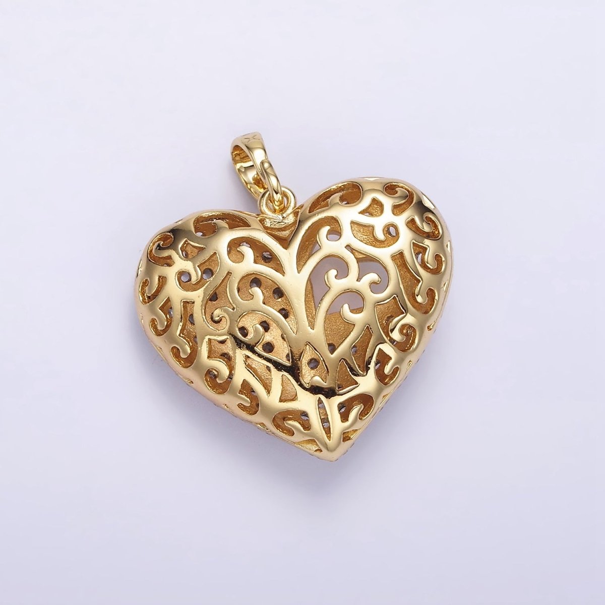 14K Gold plated 30mm Clear Micro Paved CZ Double Sided Filigree Open Heart Pendant | AA720 - DLUXCA