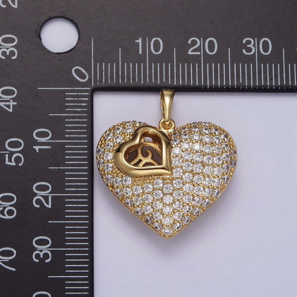 14K Gold plated 30mm Clear Micro Paved CZ Double Sided Filigree Open Heart Pendant | AA720 - DLUXCA