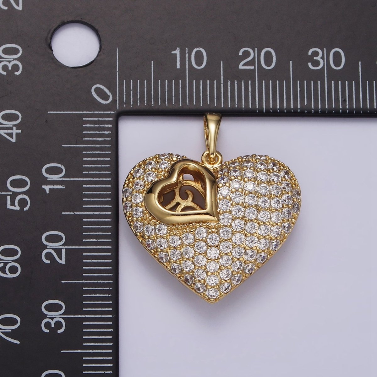 14K Gold plated 30mm Clear Micro Paved CZ Double Sided Filigree Open Heart Pendant | AA720 - DLUXCA