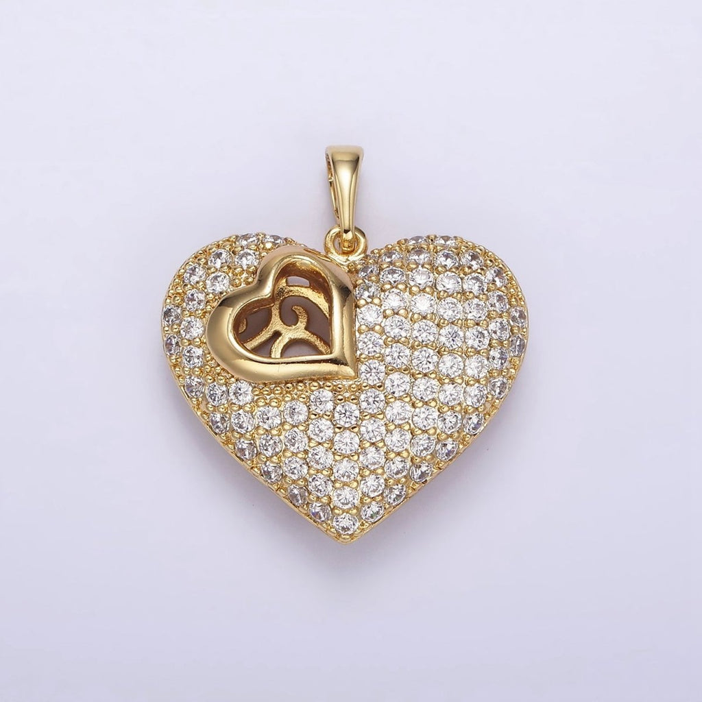 14K Gold plated 30mm Clear Micro Paved CZ Double Sided Filigree Open Heart Pendant | AA720 - DLUXCA