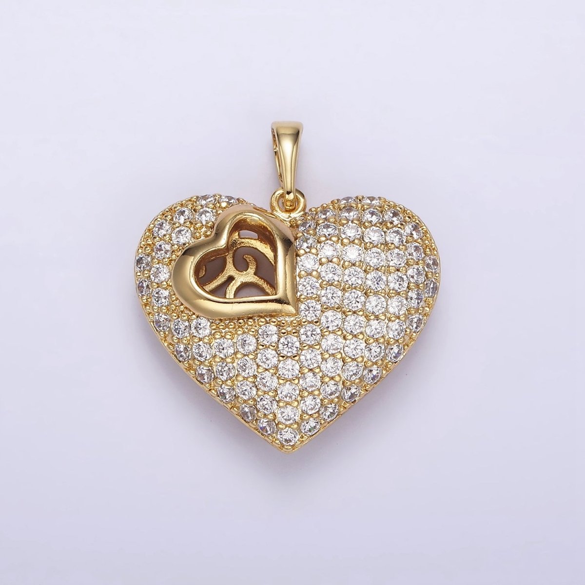 14K Gold plated 30mm Clear Micro Paved CZ Double Sided Filigree Open Heart Pendant | AA720 - DLUXCA