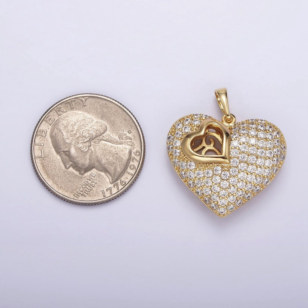14K Gold plated 30mm Clear Micro Paved CZ Double Sided Filigree Open Heart Pendant | AA720 - DLUXCA