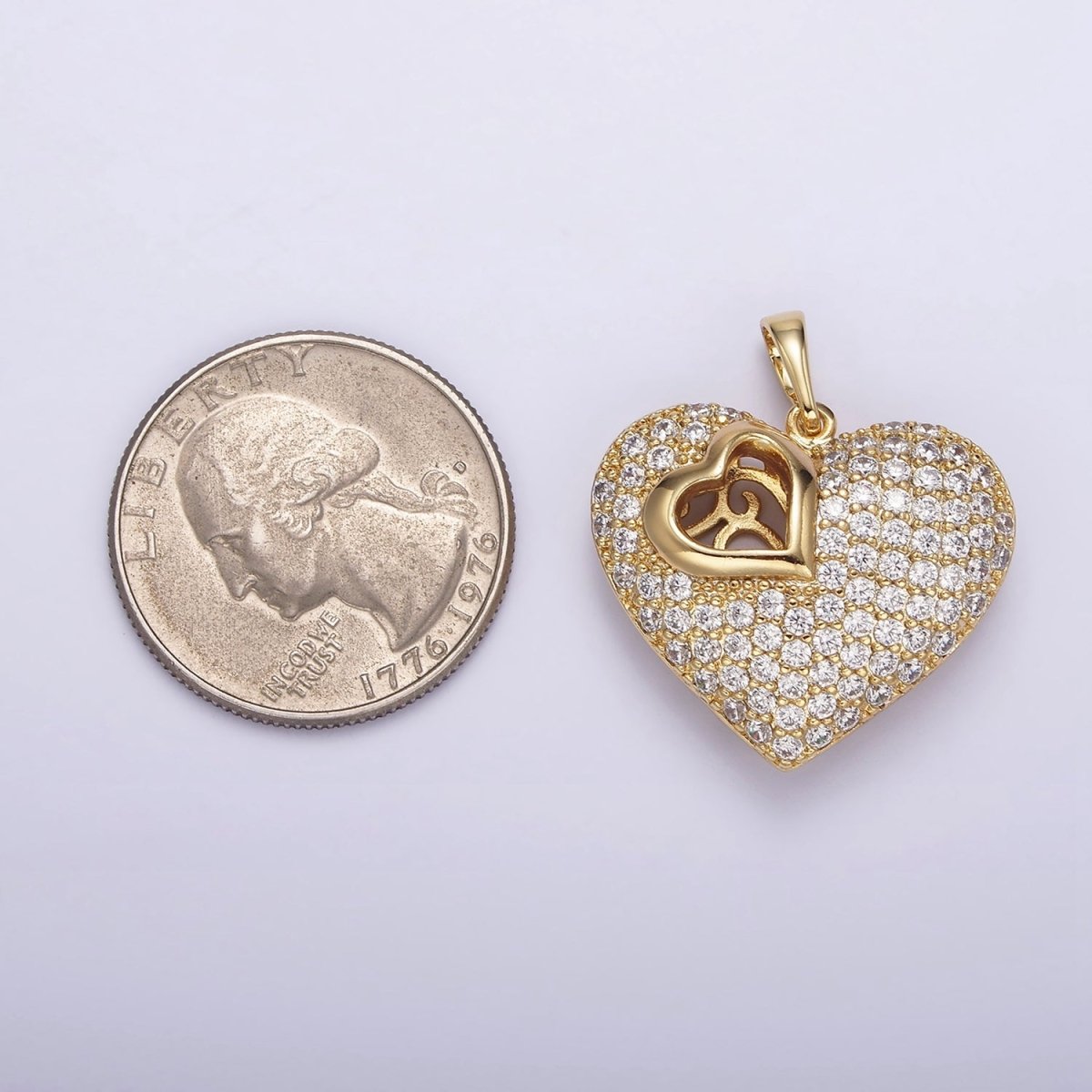 14K Gold plated 30mm Clear Micro Paved CZ Double Sided Filigree Open Heart Pendant | AA720 - DLUXCA