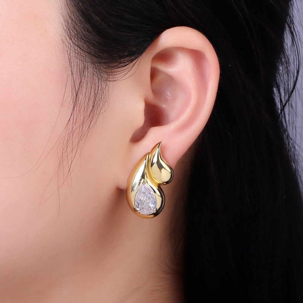 14K Gold plated 30mm Double Teardrop CZ Stud Earrings Set | P502 - DLUXCA
