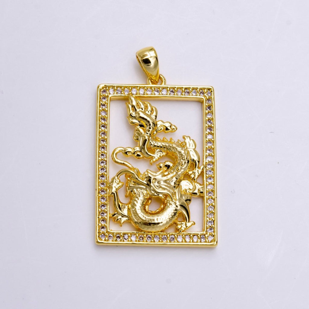 14K Gold plated 30mm Dragon Animal Micro Paved Open Tag Charm | AA744 - DLUXCA
