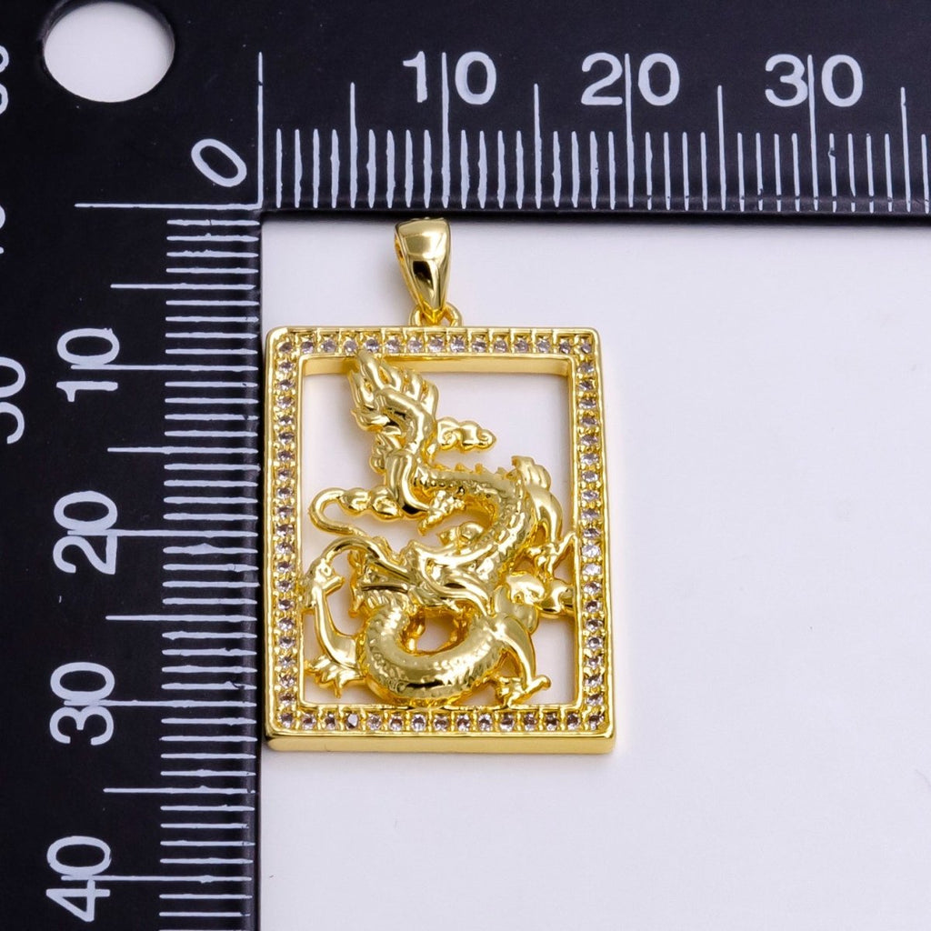 14K Gold plated 30mm Dragon Animal Micro Paved Open Tag Charm | AA744 - DLUXCA