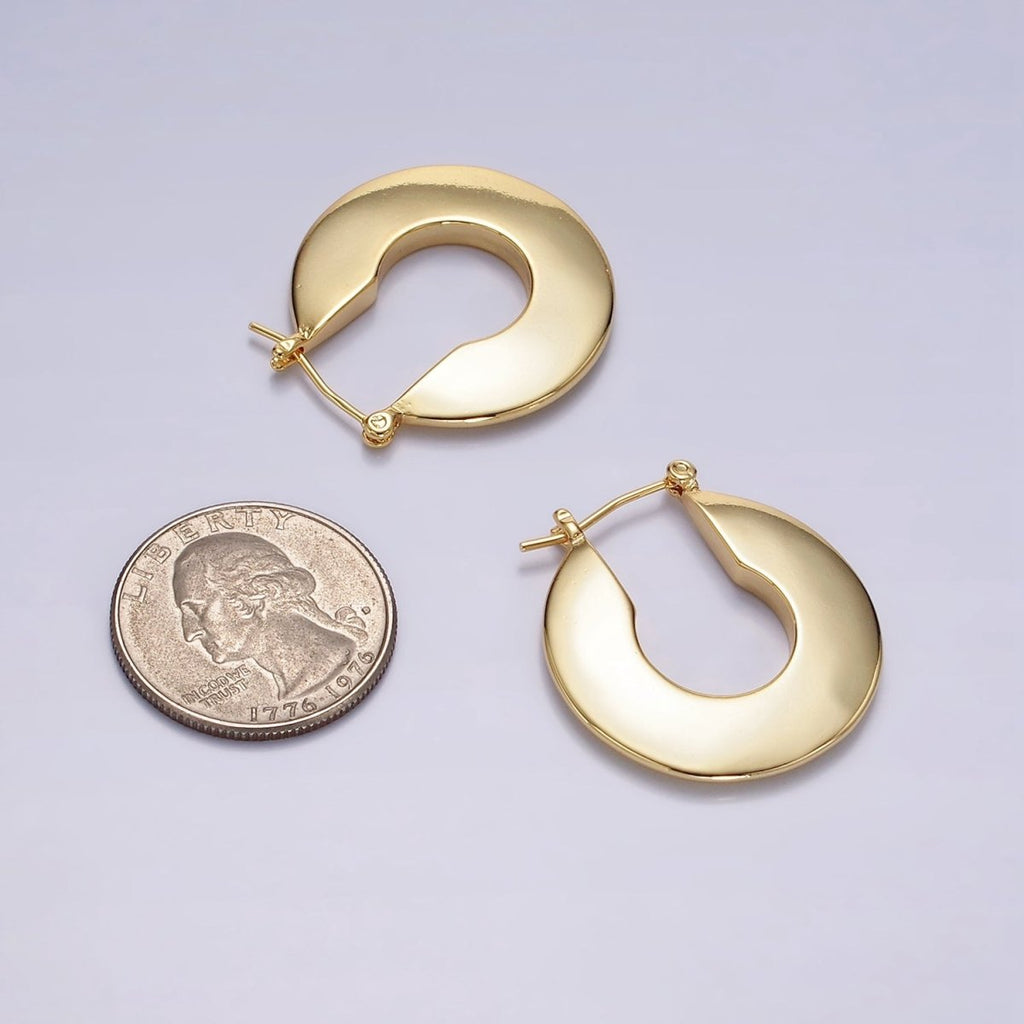 14K Gold plated 30mm Flat Round Geometric Modern Statement  Latch Hoop Earrings in Gold & Silver | AE124 AE125