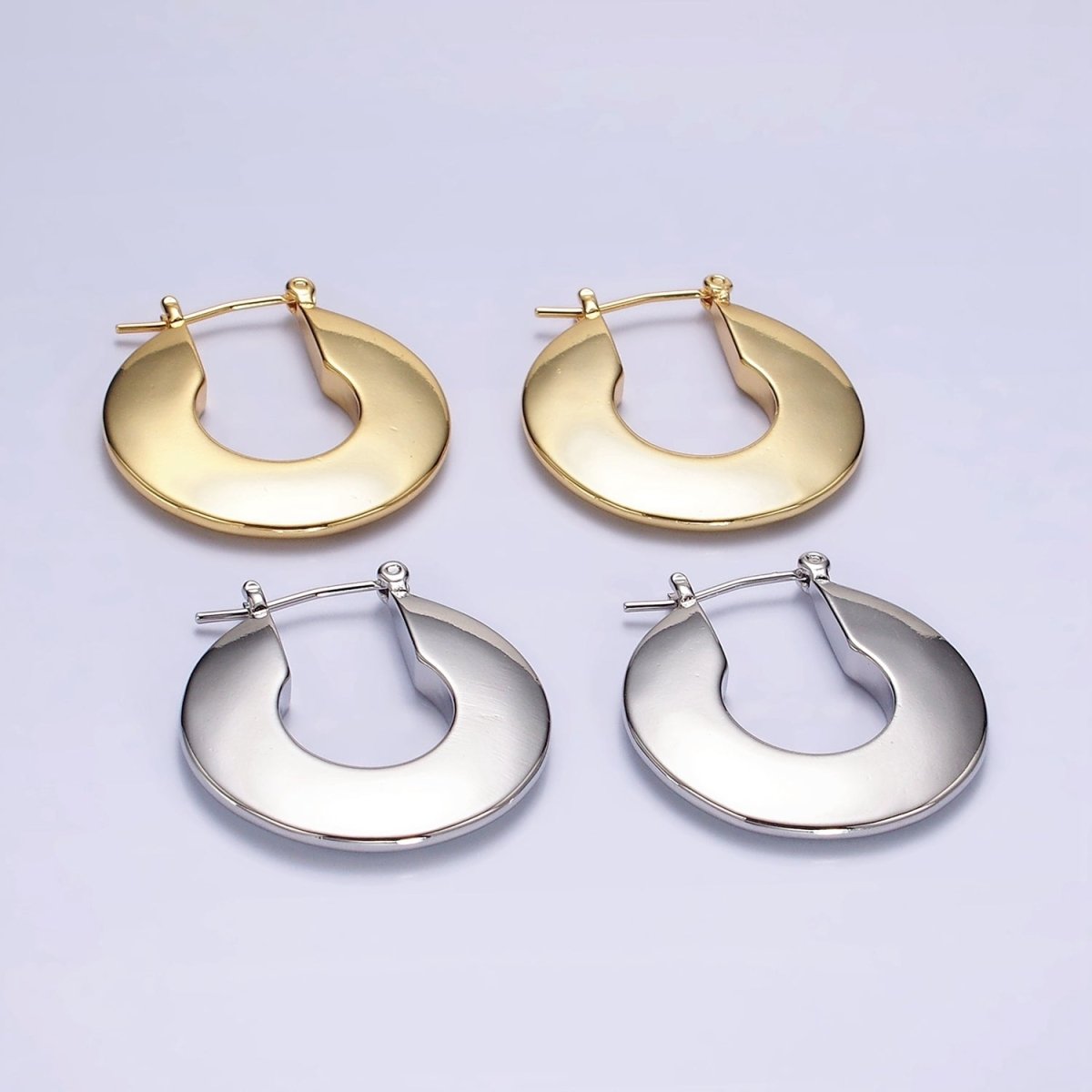 14K Gold plated 30mm Flat Round Geometric Modern Statement  Latch Hoop Earrings in Gold & Silver | AE124 AE125