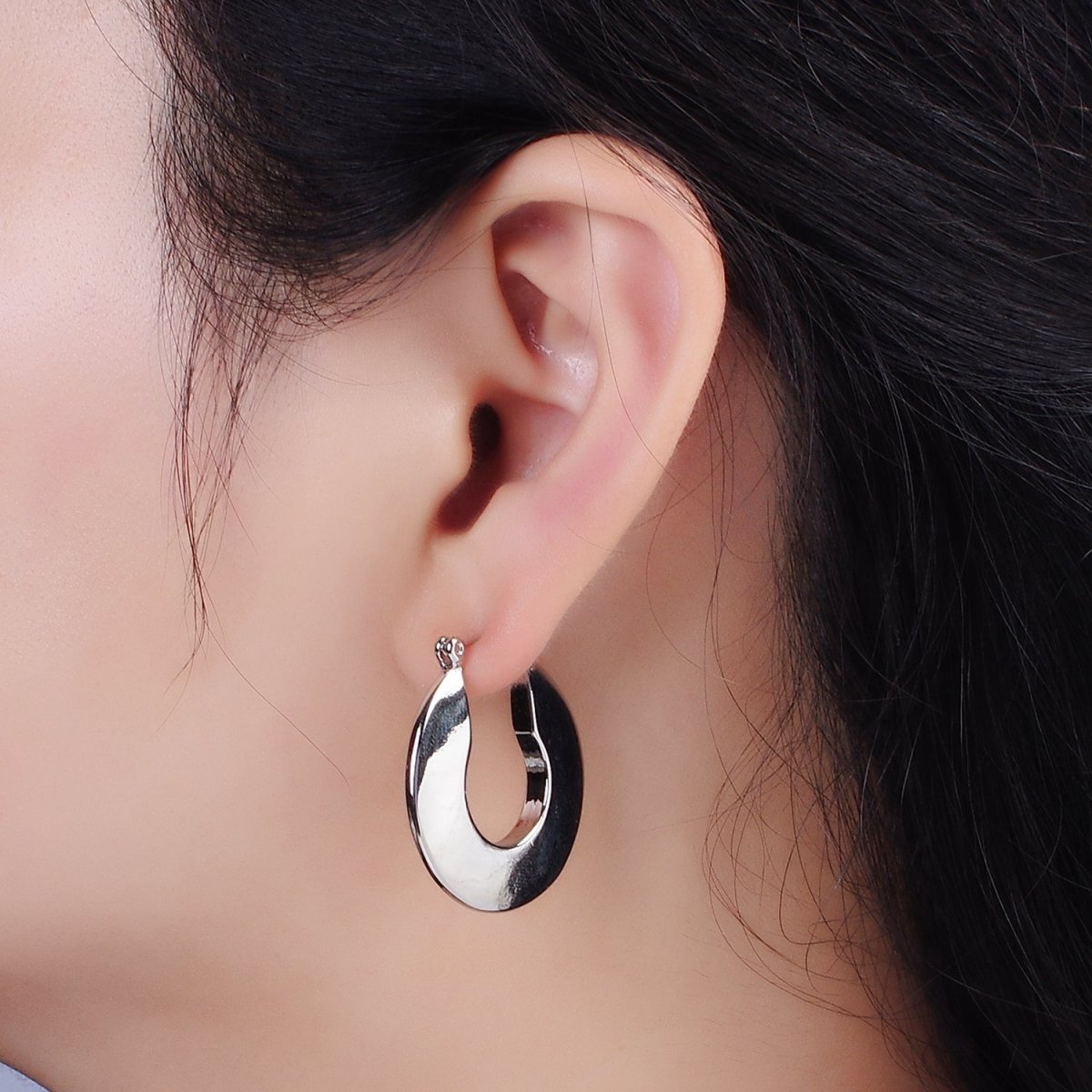 14K Gold plated 30mm Flat Round Geometric Modern Statement  Latch Hoop Earrings in Gold & Silver | AE124 AE125