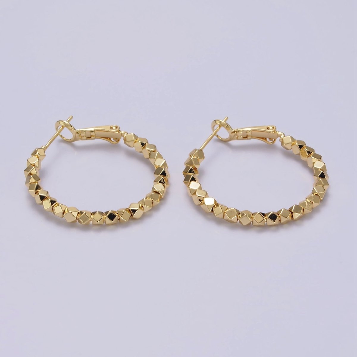 14K Gold plated 30mm Geometric Bead Hinge Hoop Earrings | AE688 - DLUXCA