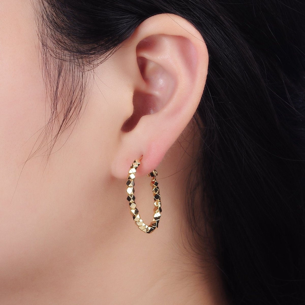 14K Gold plated 30mm Geometric Bead Hinge Hoop Earrings | AE688 - DLUXCA