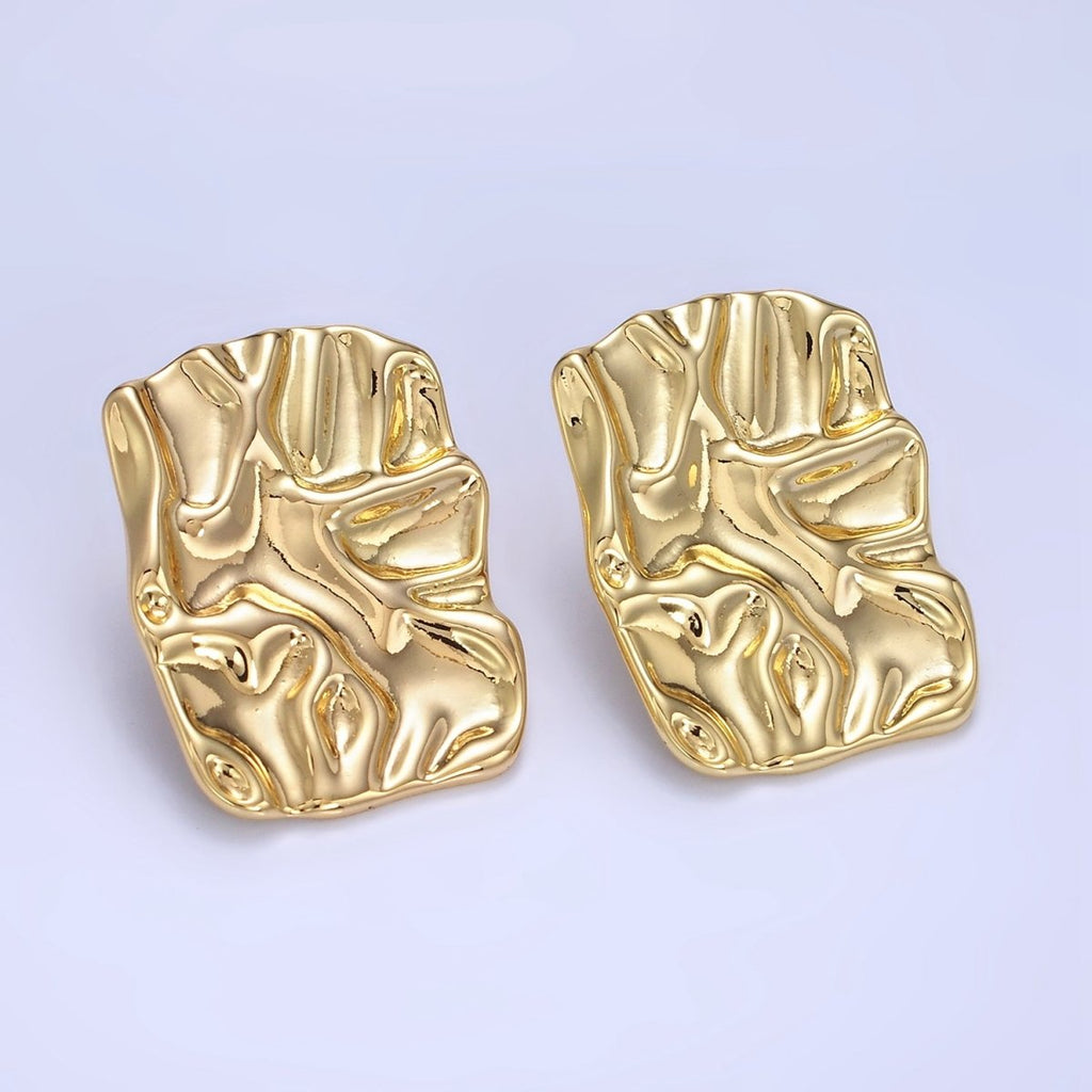 14K Gold plated 30mm Hammered Foil Rectangular Bar Stud Earrings in Gold &Silver | P474 P475 - DLUXCA