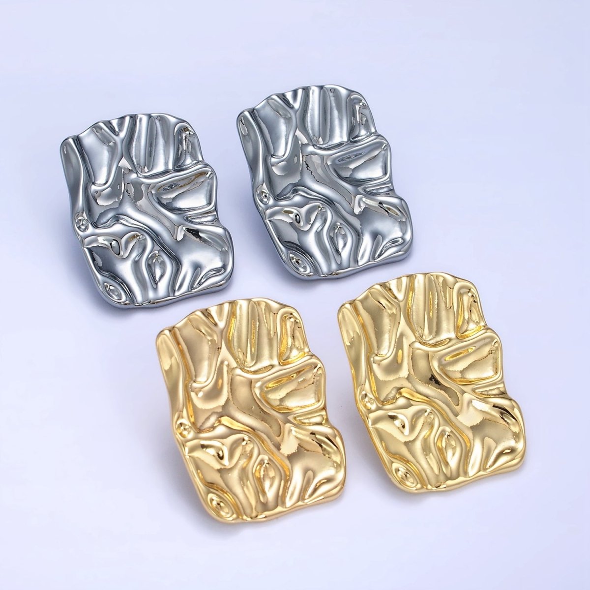 14K Gold plated 30mm Hammered Foil Rectangular Bar Stud Earrings in Gold &Silver | P474 P475 - DLUXCA