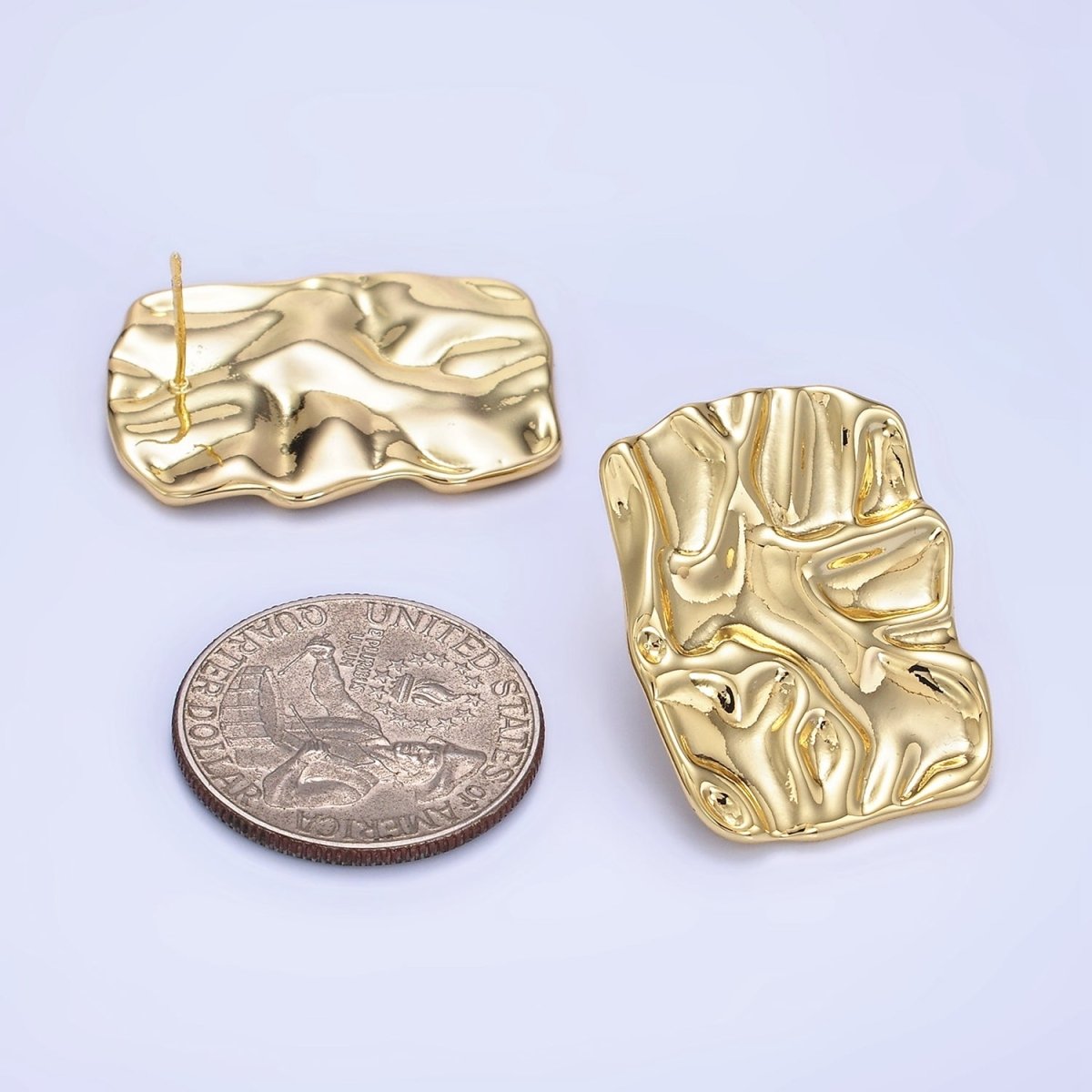 14K Gold plated 30mm Hammered Foil Rectangular Bar Stud Earrings in Gold &Silver | P474 P475 - DLUXCA