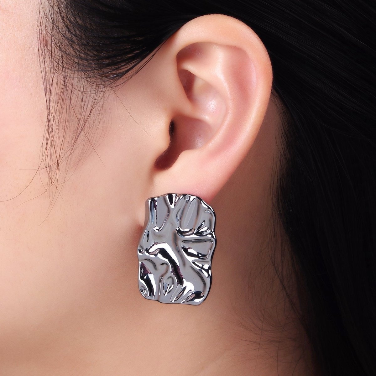 14K Gold plated 30mm Hammered Foil Rectangular Bar Stud Earrings in Gold &Silver | P474 P475 - DLUXCA