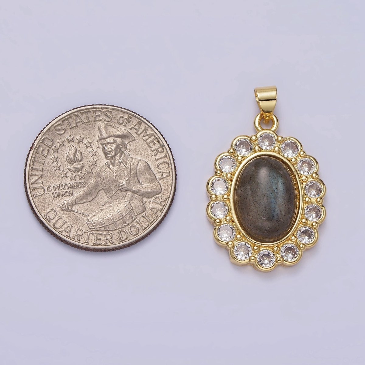 14K Gold plated 30mm Labradorite Cabochon Rounded Clear CZ Oval Pendant | AA680 - DLUXCA