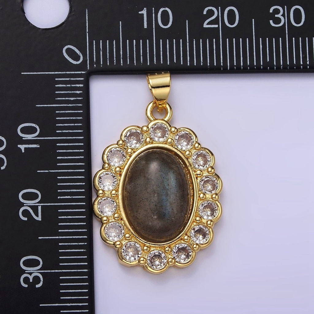 14K Gold plated 30mm Labradorite Cabochon Rounded Clear CZ Oval Pendant | AA680 - DLUXCA