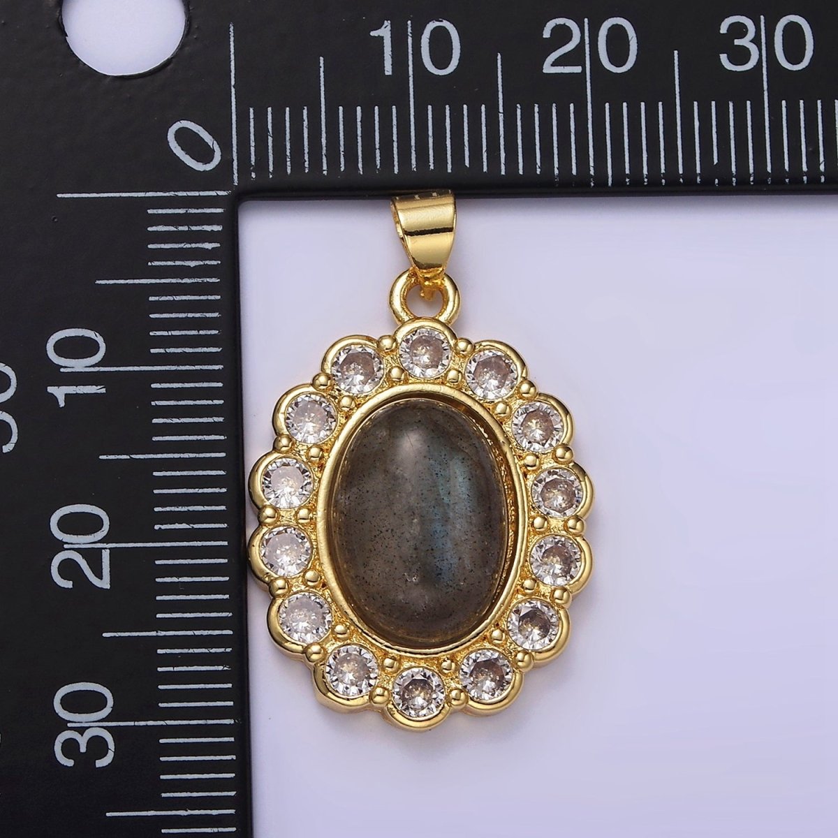 14K Gold plated 30mm Labradorite Cabochon Rounded Clear CZ Oval Pendant | AA680 - DLUXCA