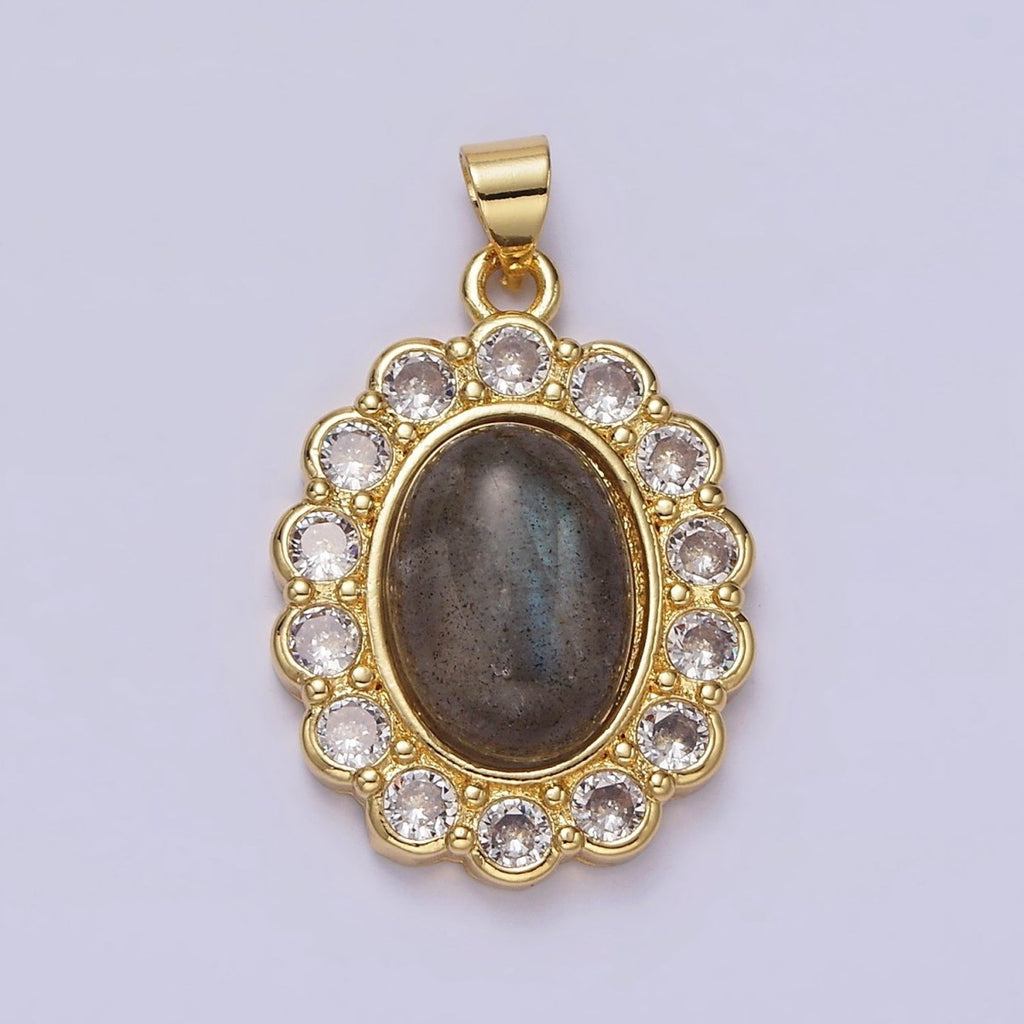 14K Gold plated 30mm Labradorite Cabochon Rounded Clear CZ Oval Pendant | AA680 - DLUXCA