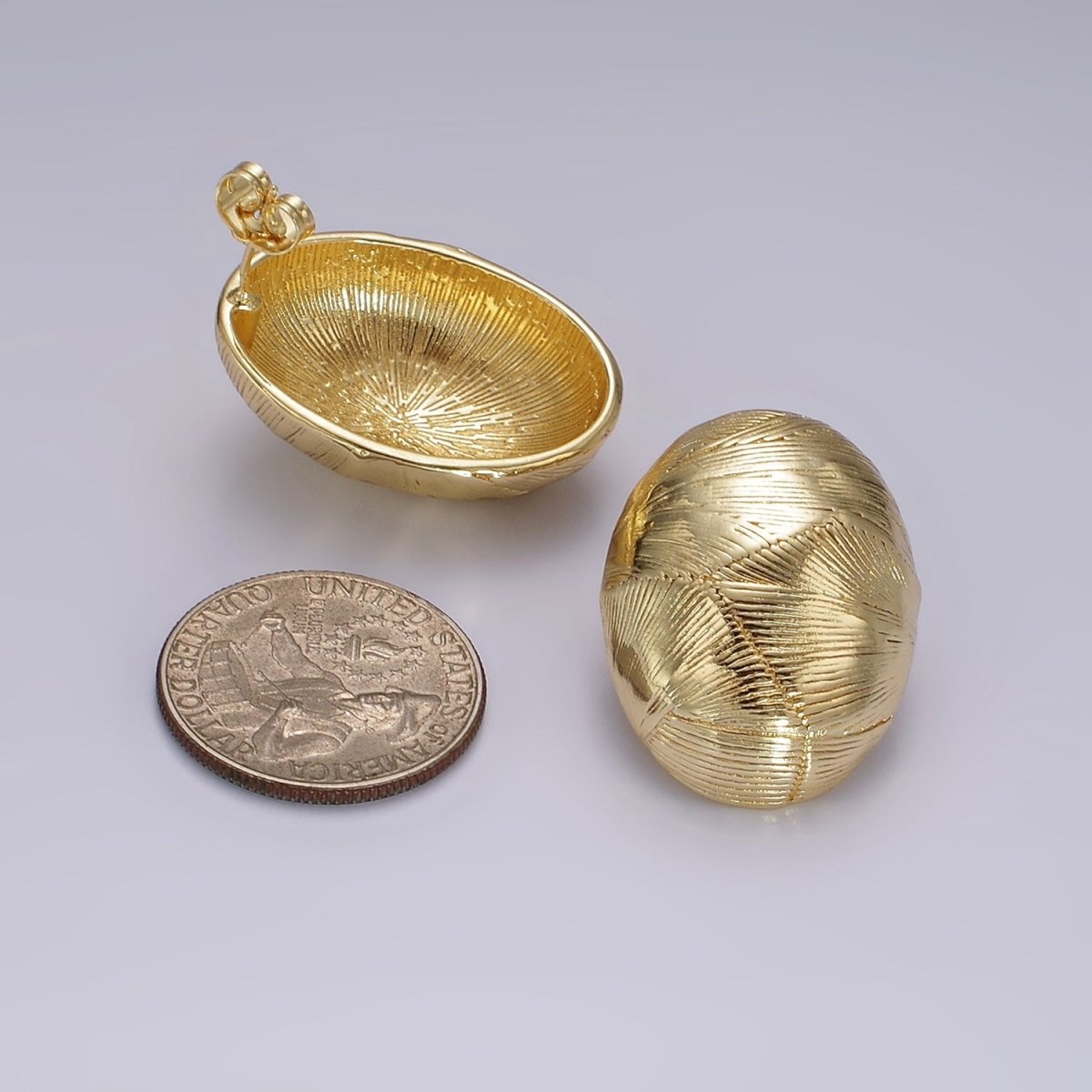 14K Gold plated 30mm Line-Textured Oval Dome Stud Earrings | AE327 - DLUXCA