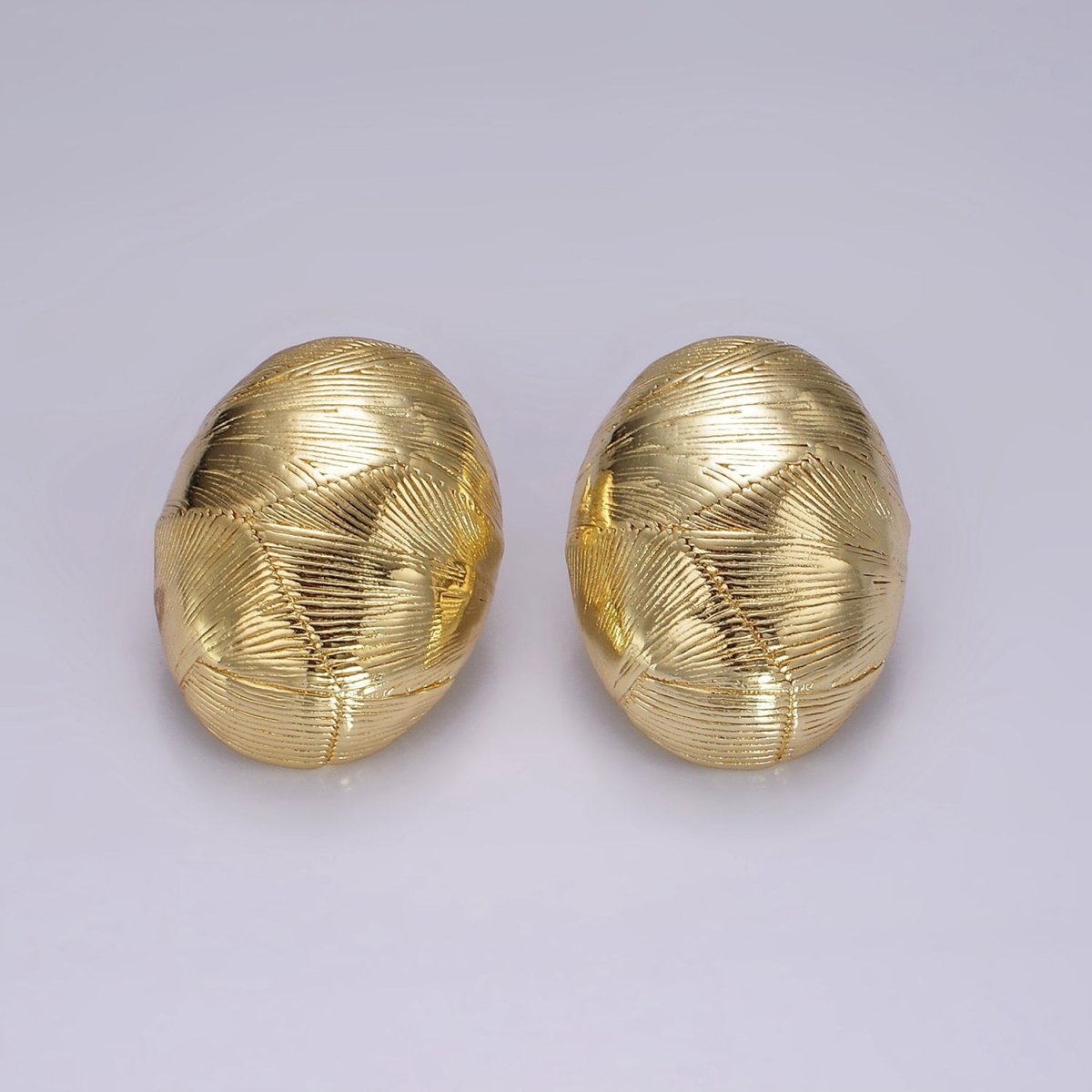 14K Gold plated 30mm Line-Textured Oval Dome Stud Earrings | AE327 - DLUXCA