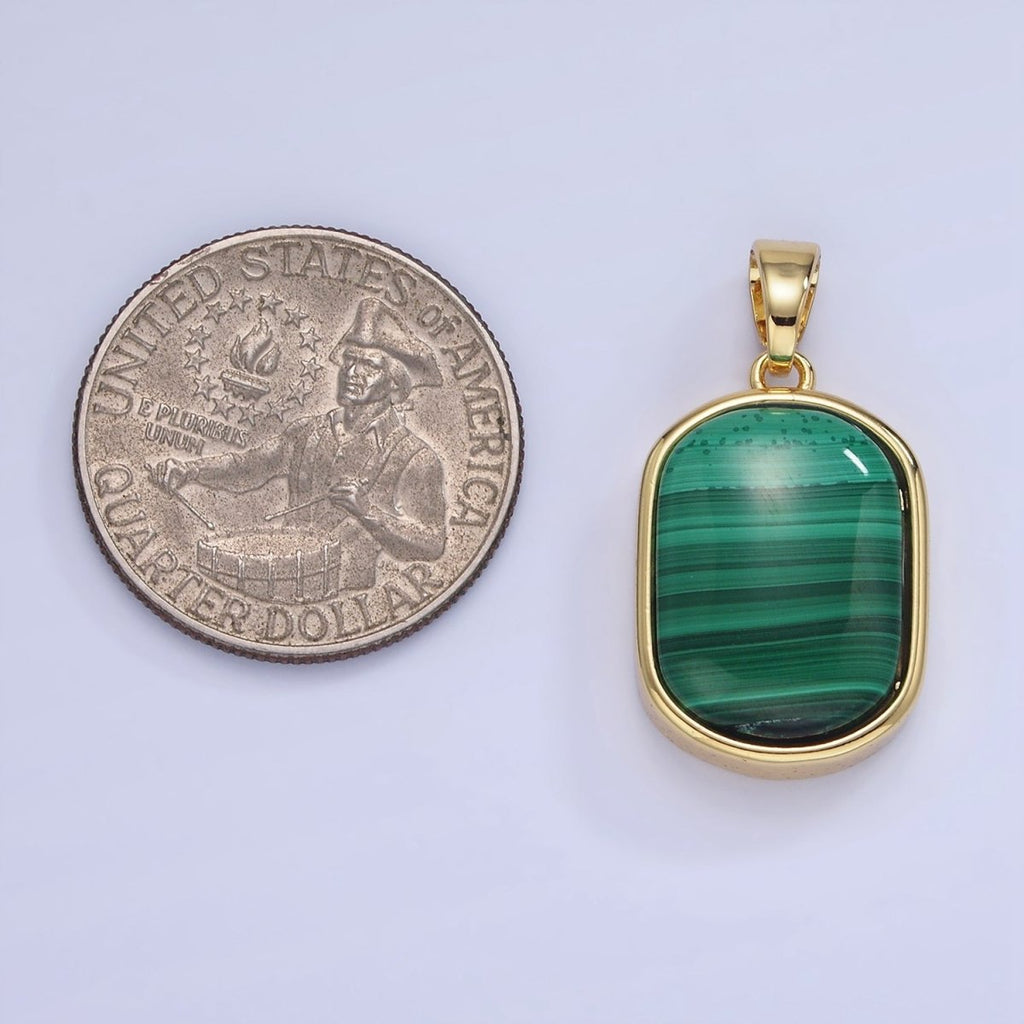14K Gold plated 30mm Malachite Gemstone Oblong Bezel Pendant | AA1237 - DLUXCA
