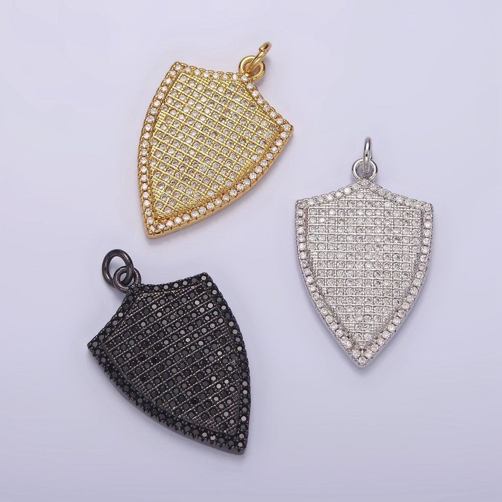 14K Gold plated 30mm Micro Paved CZ Shield Charm in Silver, Gold, Black | N1132 - N1134