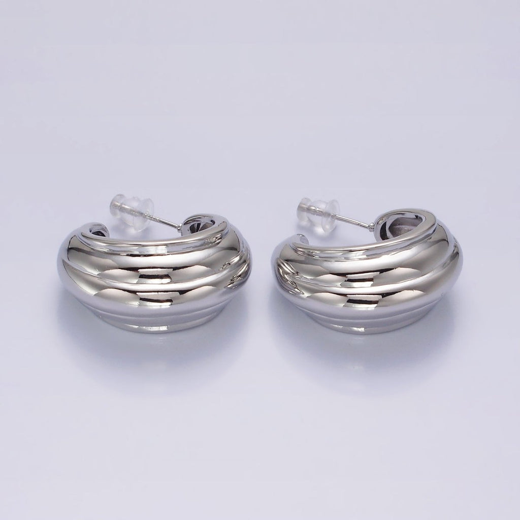 14K Gold plated 30mm Multiple Line Dome C-Shaped Hoop Earrings in Silver & Gold | AE-104 AE-105 - DLUXCA