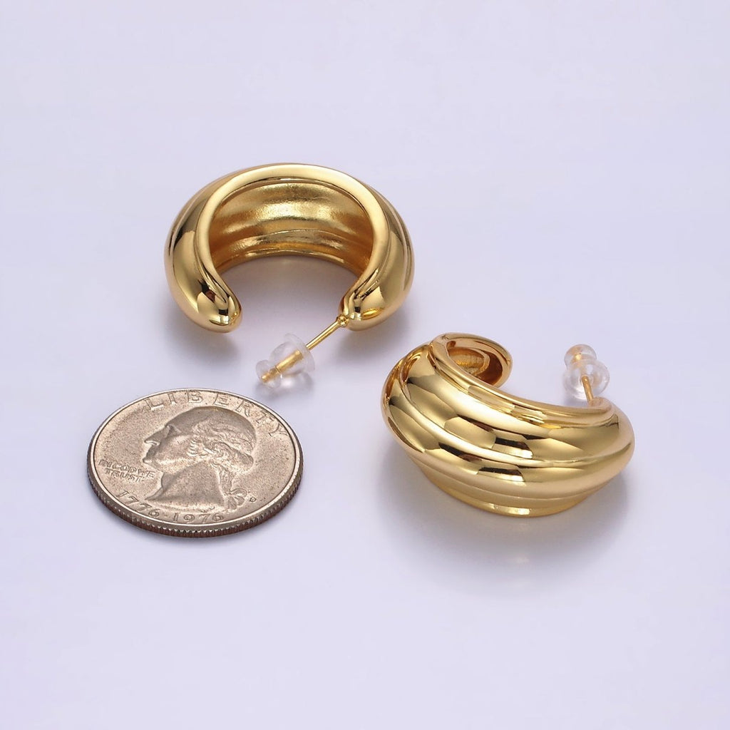 14K Gold plated 30mm Multiple Line Dome C-Shaped Hoop Earrings in Silver & Gold | AE-104 AE-105 - DLUXCA