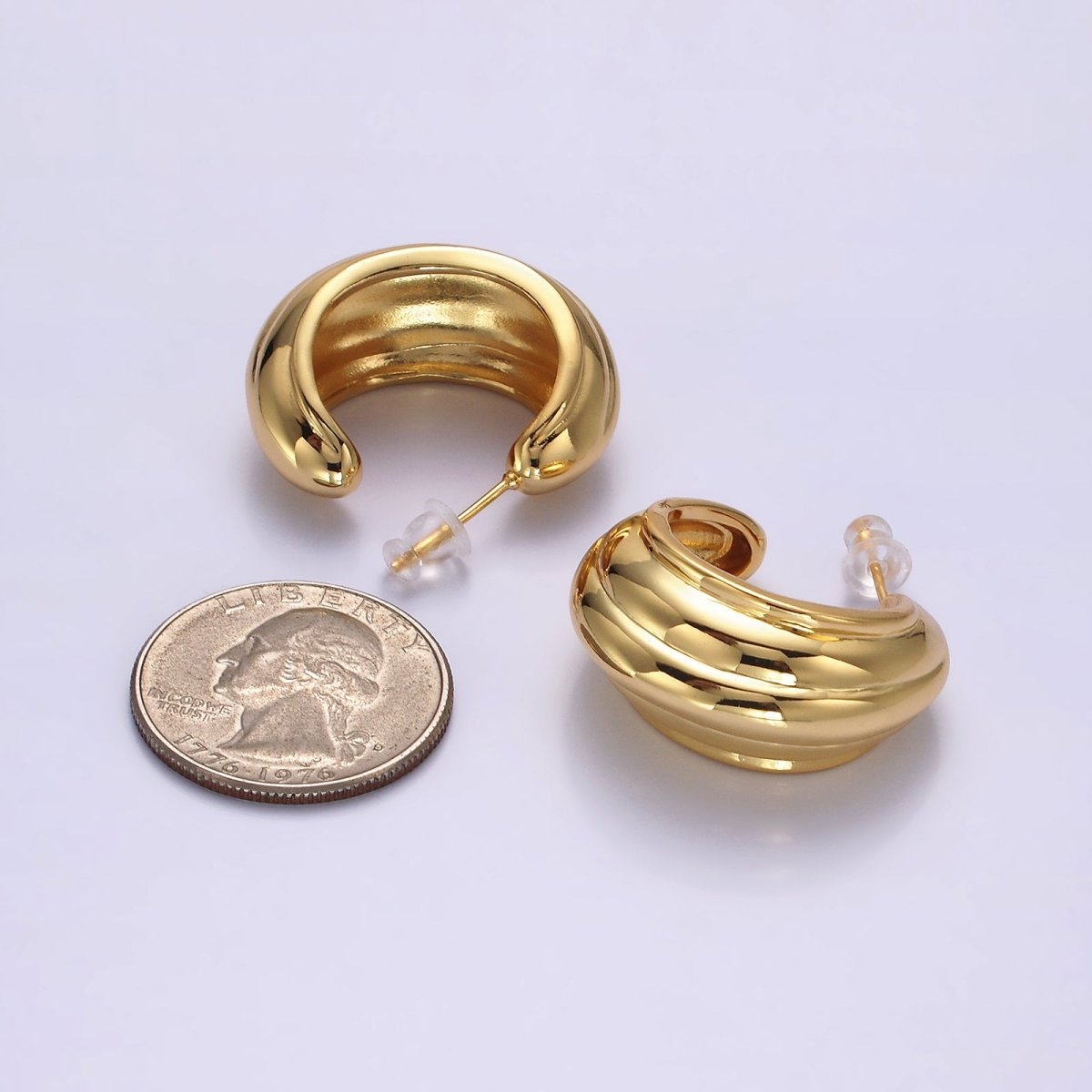 14K Gold plated 30mm Multiple Line Dome C-Shaped Hoop Earrings in Silver & Gold | AE-104 AE-105 - DLUXCA