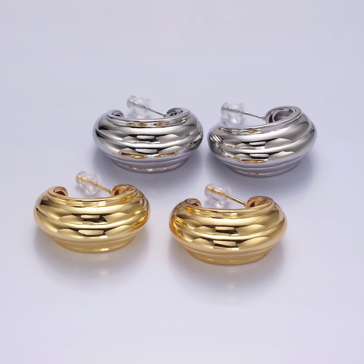 14K Gold plated 30mm Multiple Line Dome C-Shaped Hoop Earrings in Silver & Gold | AE-104 AE-105 - DLUXCA