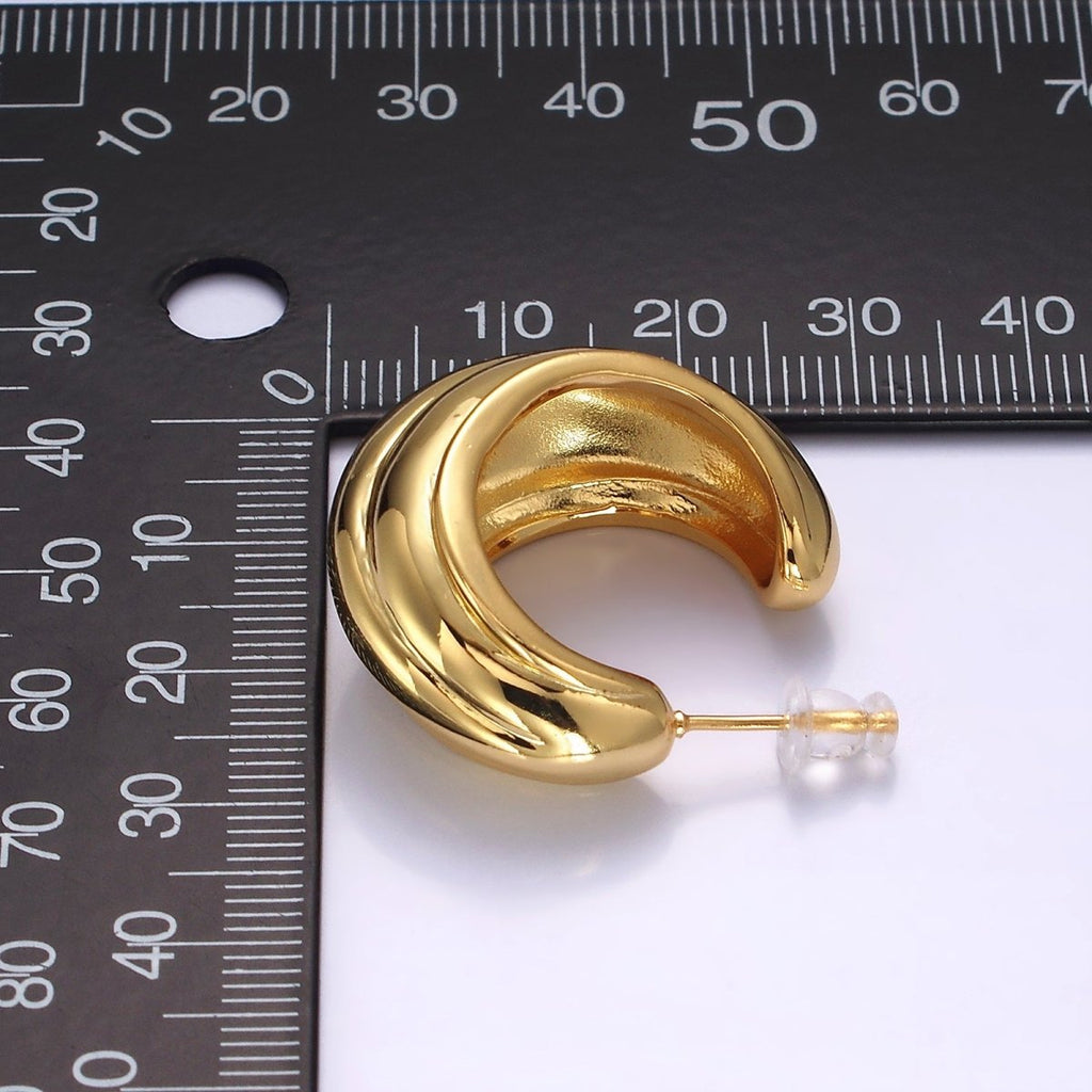 14K Gold plated 30mm Multiple Line Dome C-Shaped Hoop Earrings in Silver & Gold | AE-104 AE-105 - DLUXCA