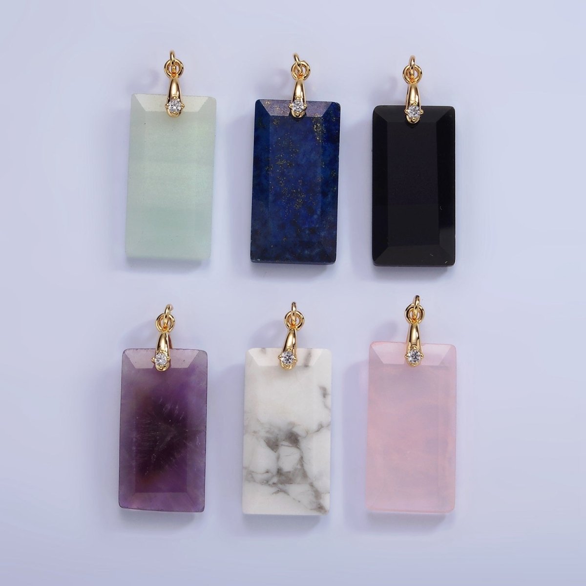 14K Gold plated 30mm Natural Gemstone Rectangular Bar CZ Bail Pendant | AG288 - AG293