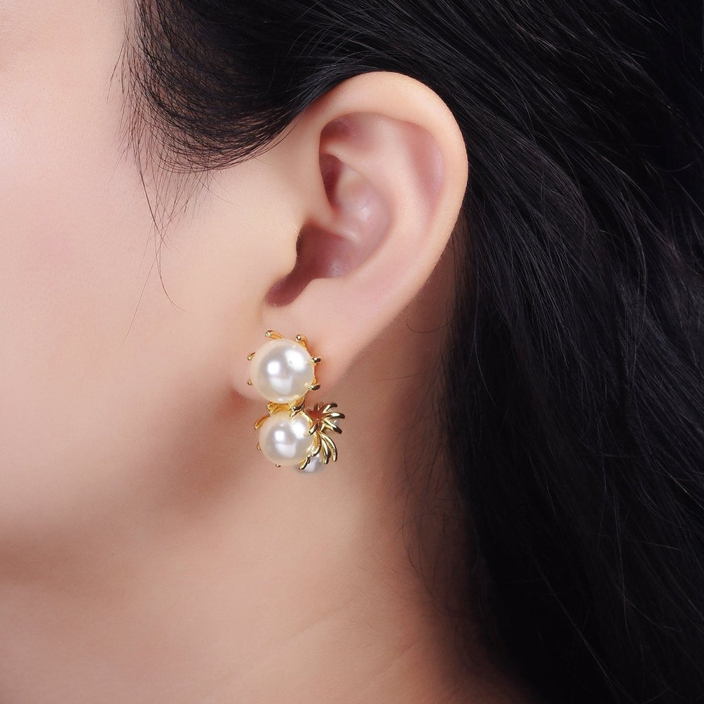 14K Gold plated 30mm Pearl Curved Lined J-Shaped Hoop Earrings | AE195 - DLUXCA