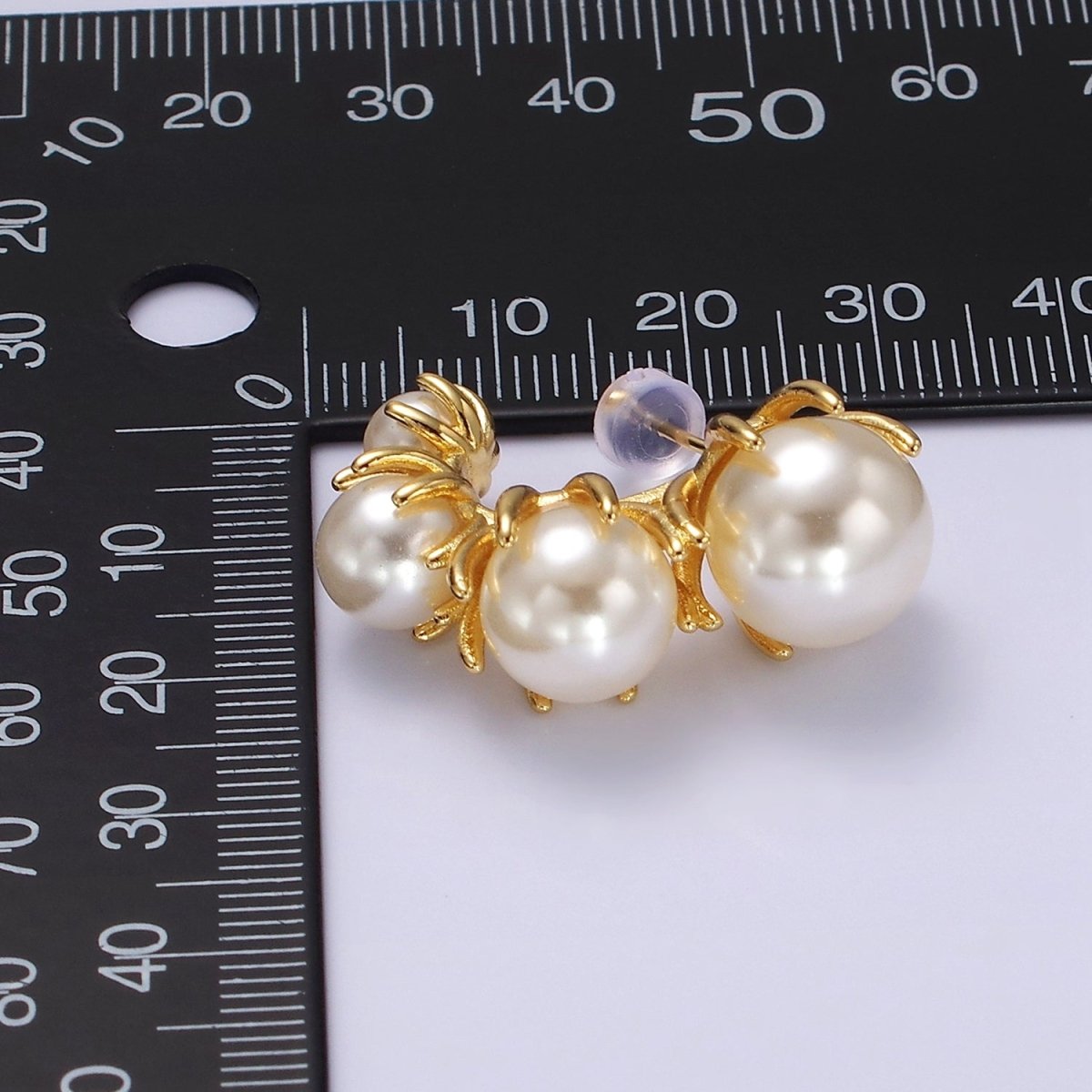 14K Gold plated 30mm Pearl Curved Lined J-Shaped Hoop Earrings | AE195 - DLUXCA