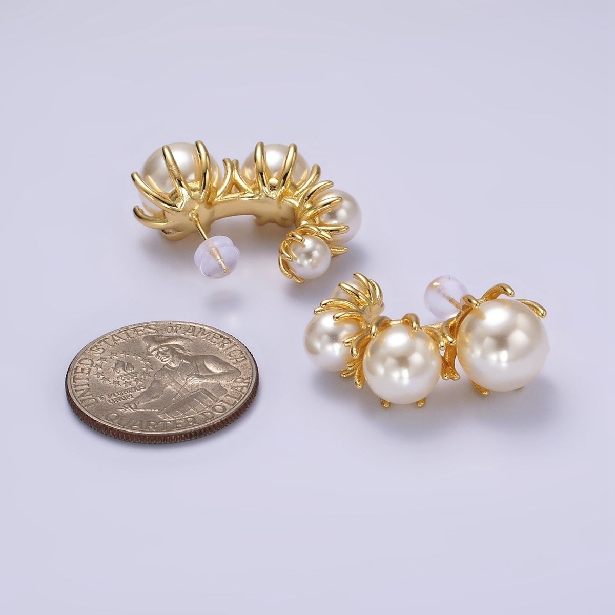 14K Gold plated 30mm Pearl Curved Lined J-Shaped Hoop Earrings | AE195 - DLUXCA