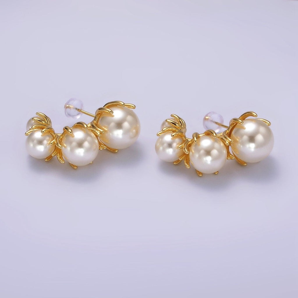 14K Gold plated 30mm Pearl Curved Lined J-Shaped Hoop Earrings | AE195 - DLUXCA