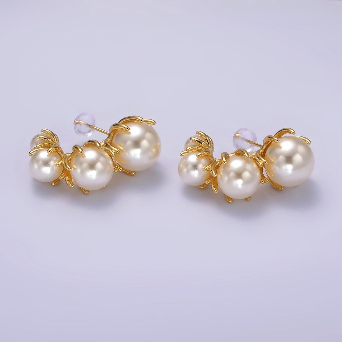 14K Gold plated 30mm Pearl Curved Lined J-Shaped Hoop Earrings | AE195 - DLUXCA