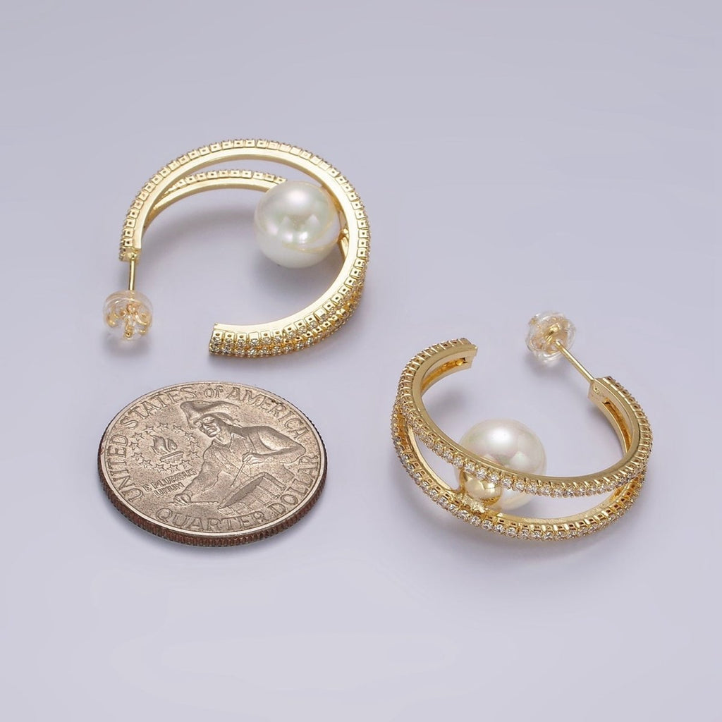 14K Gold plated 30mm Pearl Double CZ Lined C-Shaped Hoop Earrings in Silver & Gold | AE238 AE239
