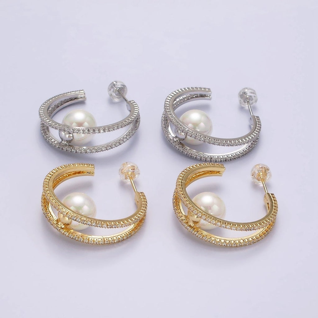 14K Gold plated 30mm Pearl Double CZ Lined C-Shaped Hoop Earrings in Silver & Gold | AE238 AE239