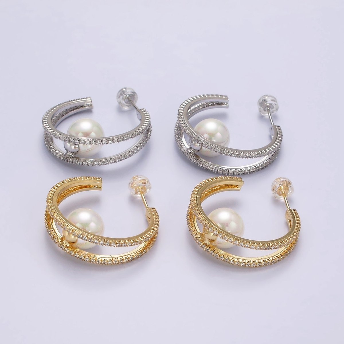 14K Gold plated 30mm Pearl Double CZ Lined C-Shaped Hoop Earrings in Silver & Gold | AE238 AE239