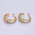 14K Gold plated 30mm Pearl Double CZ Lined C-Shaped Hoop Earrings in Silver & Gold | AE238 AE239